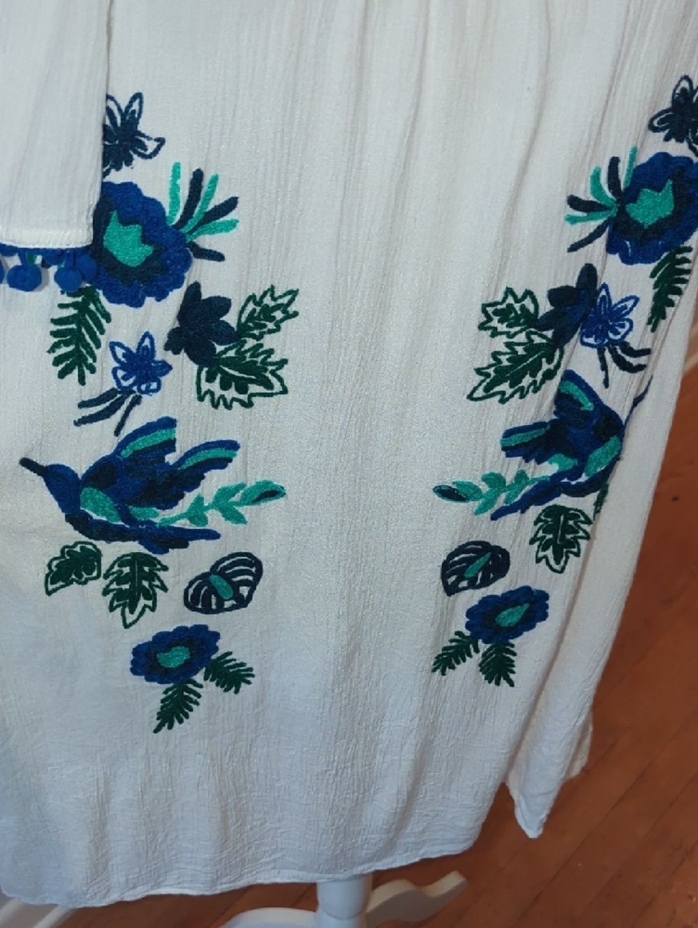 White Off-Shoulder Midi Dress with Blue & Green Embroidery - Picture 8 of 10